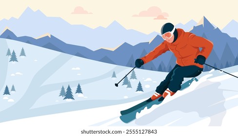 Skier in motion on snowy mountain slopes. Vector illustration