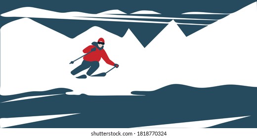 Skier - mountain landscape - illustration, vector. New Year, Christmas banner. Winter tourism.