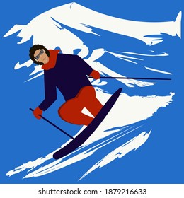 Skier, mountains - abstract background, brush stroke - art, vector. Winter sport.