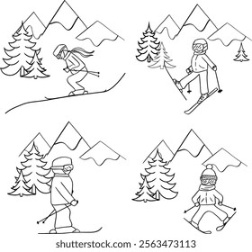 Skier in mountains with pine trees composition set.  graphic line composition in mountains. Vector Design.

