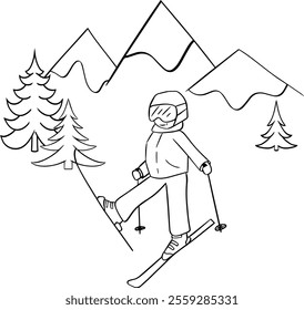 Skier in mountains with pine trees vector illustration. Snow hills landscape. Graphic line composition Happy entertaining kids. Active rest, winter leisure concept
