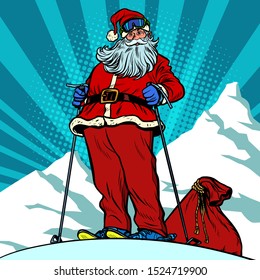 Skier in the mountains Santa Claus character merry Christmas and happy new year. Pop art retro vector illustration vintage kitsch drawing 50s 60s