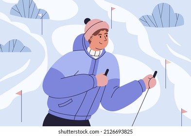 Skier in mountains, ski resort. Happy active man with poles in hands during winter sports activity in snow Alps. Wintertime fun in cold snowy weather. Flat vector illustration