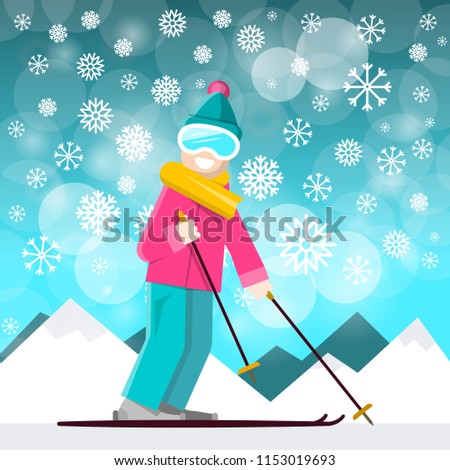 Skier with Mountins on Backraund.  Vector Winter Landscape with Snowflakes.