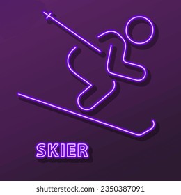 skier neon sign, modern glowing banner design, colorful modern design trend on black background. Vector illustration.