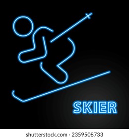 skier neon sign, modern glowing banner design, colorful modern design trend on black background. Vector illustration.