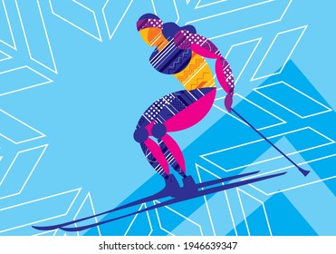 Skier on a colored background. Decorative graphics. Art design