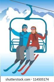 Skier  on the lift. Two skier sitting on the lift to the top of the mountains. Vector Illustration