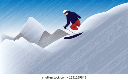 Skier on the mountain downhill - abstract background - illustration, vector. Extreme sports