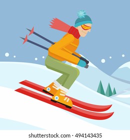 Skier on slope vector illustration. Flat design. Man in ski suit sliding from hill. Winter entertainments, outdoor activity and sport. Extreme slalom. For mountain resort ad