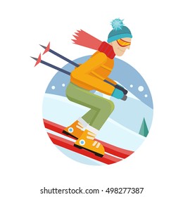 Skier on slope vector illustration. Flat design. Man in ski suit sliding from hill with slalom flags. Winter entertainments, outdoor activity and sport. Extreme slalom. For mountain resort ad