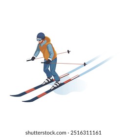 Skier on slopes in winter sports gear. Vector illustration