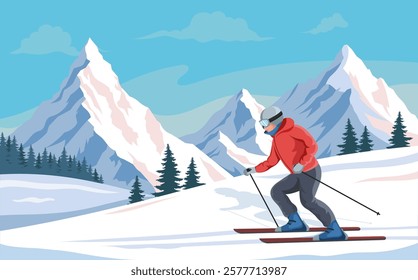 Skier on snowy mountain slope with scenic peaks. Vector illustration