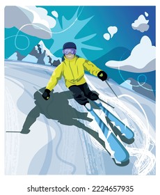 skier on the track skiing down the mountains, winter sport, alpine skiing, yellow snake suit, snow-capped mountains