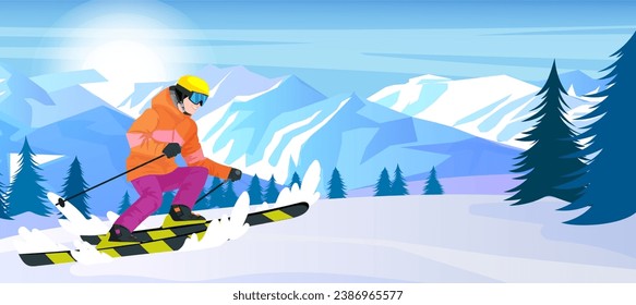 Skier in orange jacket doing outdoor activity, slalom and ski freestyle ride. Scenic mountain landscape, extreme sport. Winter holiday resort. Pine forest, high peak and downhill. Vector illustration