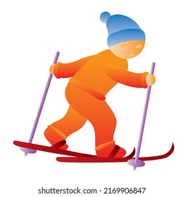 skier in orange suit and blue cap, amateur, cartoon film illustration, isolated object on white background, vector, eps