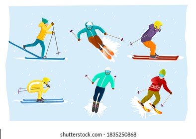 Juego de esquí para esquiadores. Personajes atletas aislados. Ilustración vectorial de actividad deportiva extrema en invierno