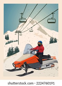 Skier rides a powerful snowmobile against the background of snow-capped mountains. Vector poster.