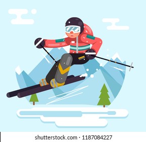 Skier riding high speed mountain mountains winter vacation skiing flat design vector illustration