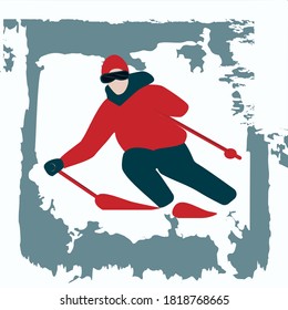 Skier in safety goggles - abstract grunge style background, illustration, vector. New Year, Christmas banner. Winter tourism.