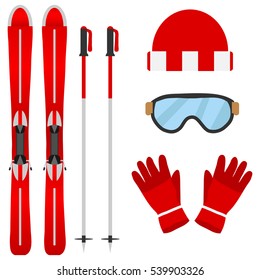 Skier, skier set, skiing, ski vector, gloves, hat. Flat design, vector.