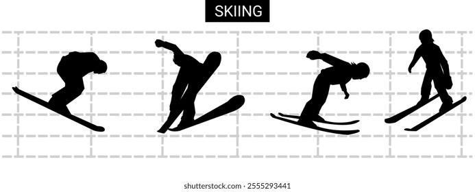 Skier silhouette illustration. different poses. winter sports.