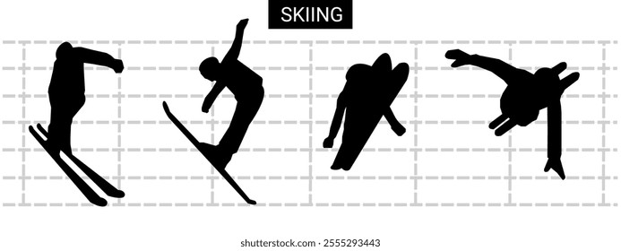 Skier silhouette illustration. different poses. winter sports.