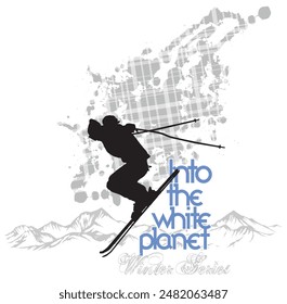 Skier silhouette illustration with mountains and lettering in the background.