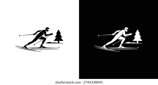Skier silhouettes on white and black backgrounds skiing