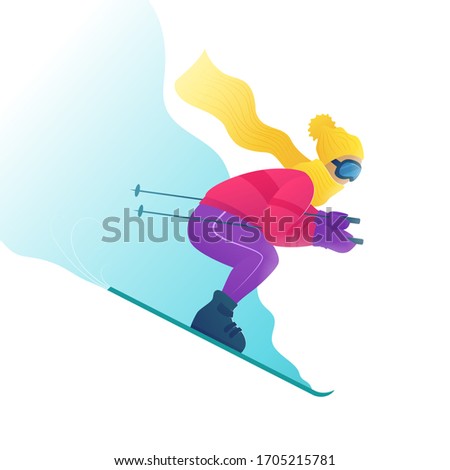 Skier in ski clothes and goggles skiing downhill. Ski resort vector illustration in cartoon style. Winter seasonal recreation in mountings. Woman goes downhill skiing. Wintertime vacation