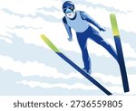 Skier in ski jump flight against a background of clouds