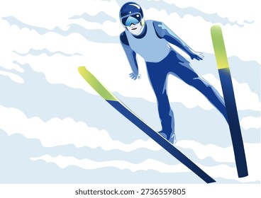 Skier in ski jump flight against a background of clouds
