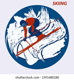 Skier, ski jump - round icon, grunge style, abstraction - isolated on white background - flat style - vector. Lifestyle. Winter sport