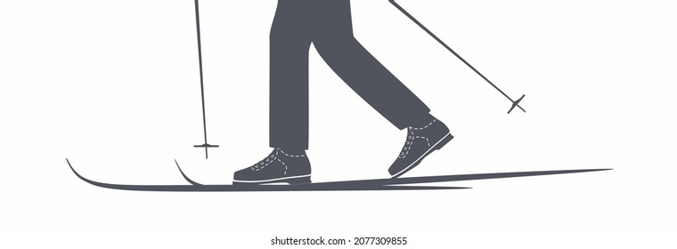 Skier with ski poles on snow ski track. SVG.Silhouette.Skis. Person cross-country skiing. Active lifestyle. Winter sport, active leisure. Outdoor recreation activity. Isolated flat vector illustration svg