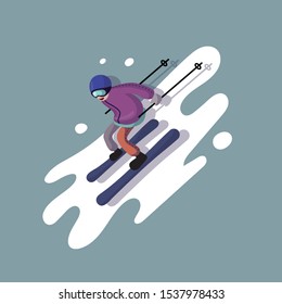 Skier skiing downhill in  high mountains landscape. Vector illustration.