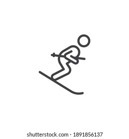 Skier skiing downhill line icon. linear style sign for mobile concept and web design. Skiing winter sport outline vector icon. Symbol, logo illustration. Vector graphics