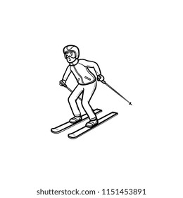 Skier skiing downhill on skis hand drawn outline doodle icon. Winter competition, speed skiing concept. Vector sketch illustration for print, web, mobile and infographics on white background.