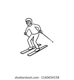 Skier skiing downhill on skis hand drawn outline doodle icon. Winter competition, skiing downhill concept. Vector sketch illustration for print, web, mobile and infographics on white background.