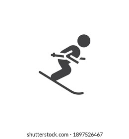 Skier skiing downhill vector icon. filled flat sign for mobile concept and web design. Skiing winter sport glyph icon. Symbol, logo illustration. Vector graphics