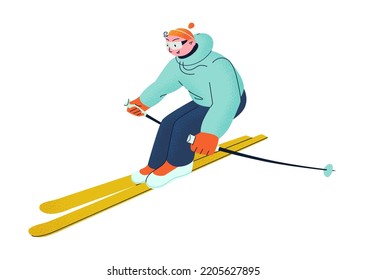 Skier skiing downhill. Winter activities. Wintersports. Extreme sport. Vector Flat illustration.