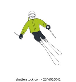 Skier, skiing. One continuous line art. Descent from the mountain. Winter sport and tourism concept. Hand drawn vector illustration.