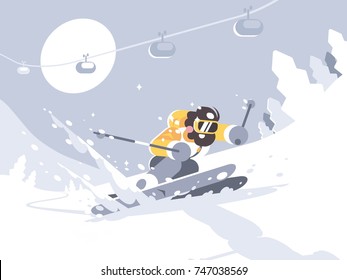 Skier skiing in ski resort. Winter activities rest. Vector illustration