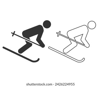 Skifahren im Skivektor Linie Icon Set. Gefülltes flaches Schild für mobiles Konzept und Webdesign. Mann auf Skiern Glyph-Ikone. Wintersportsymbol