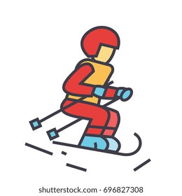 Skier, sky, snow mountain, winter action concept. Line vector icon. Editable stroke. Flat linear illustration isolated on white background