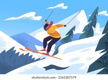 Skier slide down. Ski rider jump slalom snowy mountain downhill slope, skiing road track or springboard winter extreme fun sport resort snow hill trip, classy vector illustration original artwork