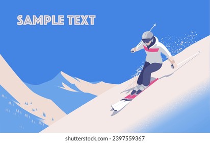 A skier slides down on the slopes of mountains. Vector illustration