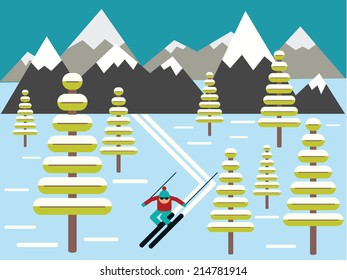 Skier slides from the mountain, vector illustration