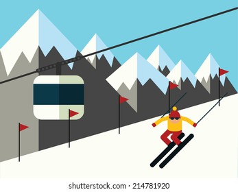 Skier slides from the mountain, vector illustration