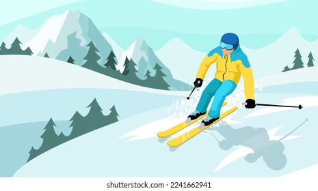 Skier sliding in mountains slope. Winter sports activities on skis in snowy Alps hills. Extreme skiing in country cross. Ski resort landscape with forest and rocks on background. Vector illustration