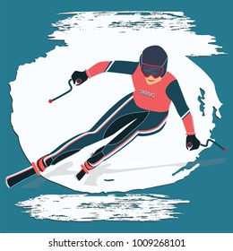 Skier - snow brush stroke in grunge style - isolated on dark background - vector art illustration